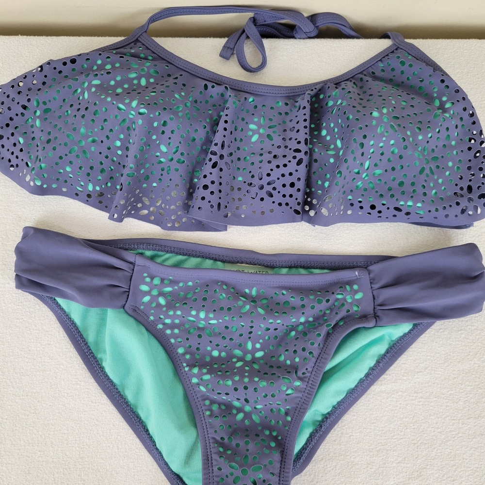 Hot Water Purple Laser Cut Flounce Bikini Set Medium Mint Green Lining Two Piece